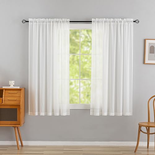 Home Brilliant Striped Sheer Curtains 2 Panels, White Net Curtains Privacy Protected, Rod Pocket Window Curtains for Living Room, 54 Width x 63 Drop, White