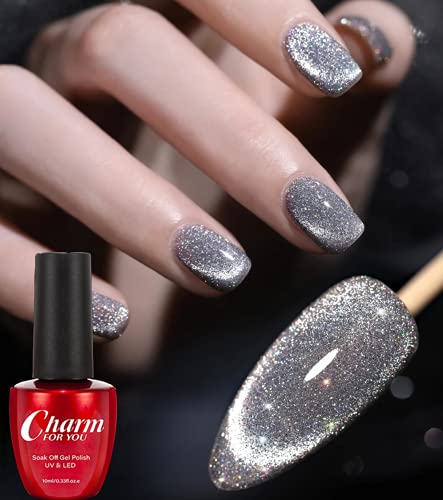 VERONNI Reflective Glitter Gel Polish Magnetic Gel Sparkling Cat Eye Gel Nail Polish Silver Diamond Glitter Polish Shiny Nail Gel Polish Soak Off UV LED Gel Nail Art Varnish 10ml (01 Silver)