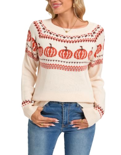 Image of Women's Fair Isle Sweater Crew Neck Long Sleeve Heart Sweater Vintage Tops