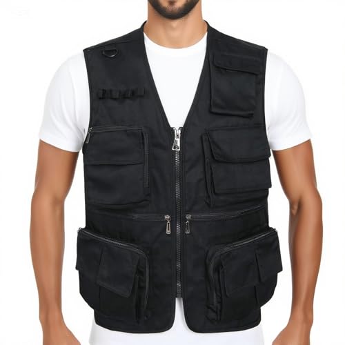 LISUHEPEAL Men's Fishing Vest, Summer Outdoor Work Safari Travel Photo Vest with Multi Pockets (818-Black, M)