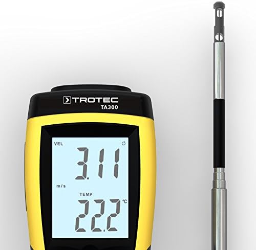 Close-up of the extended telescopic probe tip of the TROTEC TA300 Anemometer, showing the hot-wire sensor and temperature sensor.