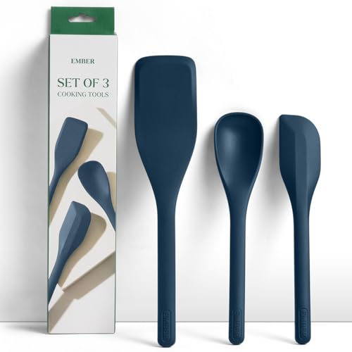 Image of Ember Cookware Silicone Spatula Set of 3 - Stir, Flip & Scraper | 230C Heat Resistant | Platinum Grade Silicone- Food Safe | Seamless Unibody Design | Blue