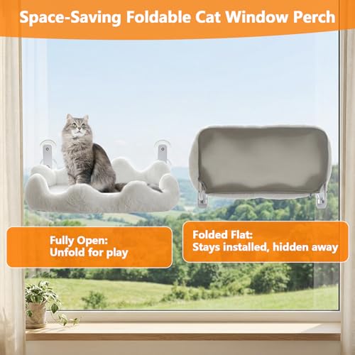Homegroove Cat Window Perch, 24 x 12 Inch Foldable Cat Hammock for Window with 4-Sided Bolster & 4 Large Suction, Cloud Shape Cordless Window Bed for Indoor Cats (White, Large(24'' x 12'')) - Image 4