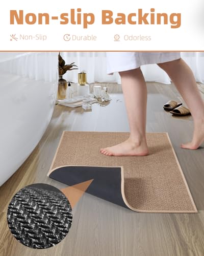 PADOOR Non-Slip Bath Mat With Rubber-Backing, Braided Absorbent Machine Washable Thin Rug, Quick Dry, Fits Under Door, for Bathroom Floor, 20\'\'x32\'\' Beige