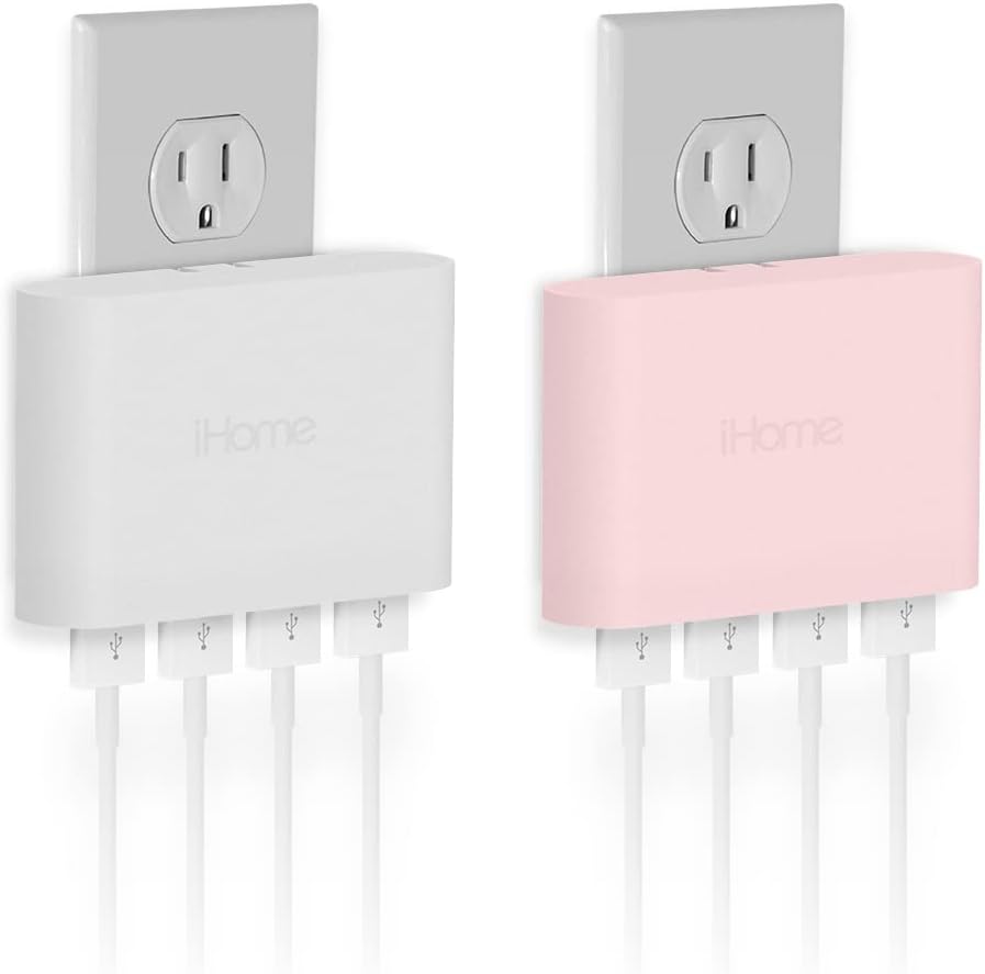 iHome 4-Port USB Wall Charger (2-Pack), 5.4A, Flat Foldable Plug, Slim Travel Charger (White & Pastel Pink)
