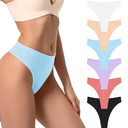 PSEFNAGX Women's High Waist Breathable Seamless Sport Ribbed Cotton Thong Panties Size Large