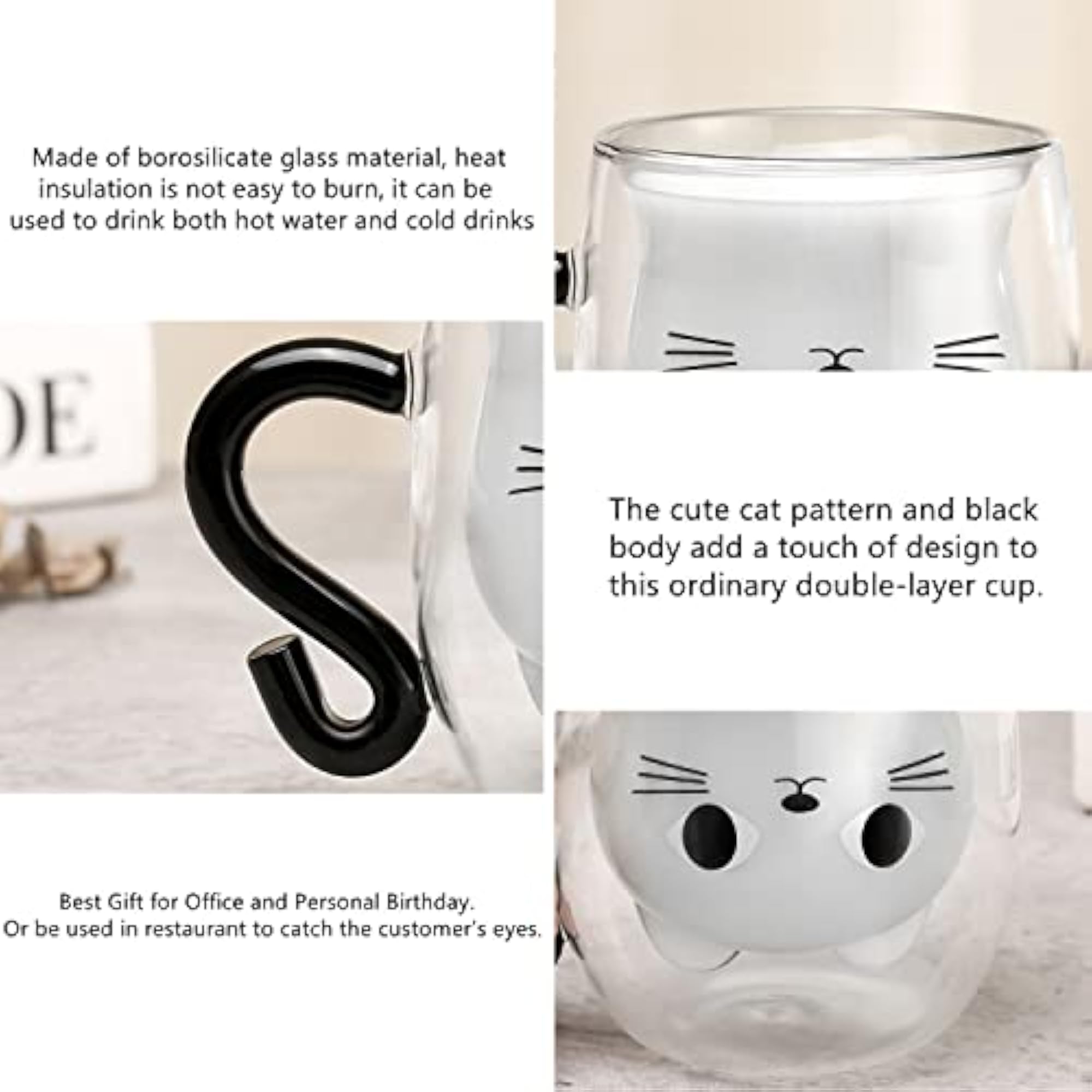Cat Mugs, Double Wall Glass Cute Coffee Tea Cup