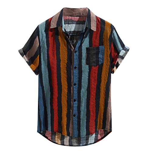 haoricu Summer Men s Short Sleeve Blouse Loose Color Stripe Lump Printing Shirts V Neck Button Up Tee Red
