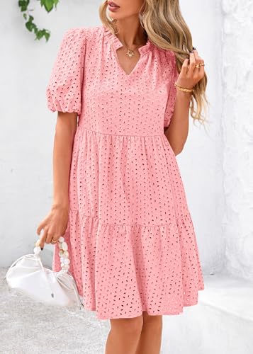 Image of KIRUNDO Eyelet Summer Dresses for Women 2026 Mini Casual Hollow Out Short Sleeve Lace Tiered V Neck Shift Dress Pockets