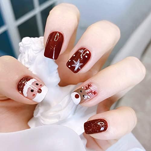 Christmas Short Square Press on Nail Snowflake Red Fake Nails Glitter Elk Snowman False Nail Glossy Acrylic Full Cover Nails Tips Christmas Gift Nail Accessories for Women and Girls 24Pcs