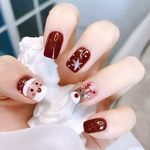 Christmas Short Square Press On Nail Snowflake Red Fake Nails Glitter Elk Snowman False Nail Glossy Acrylic Full Cover Nails Tips Christmas Gift Nail Accessories For Women And Girls 24Pcs #TOP1