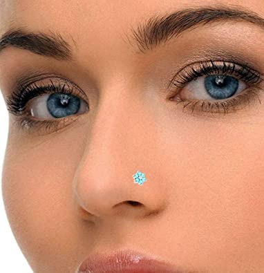 Dtjewels Blue Topaz And Genuine Diamond Flower Nose Stud Real Sterling Silver Nose Ring Bone 16 Gauge 8Mm Length - I1-I2 Clarity J-K Color 0.02 Ct Body Jewellery #TOP1