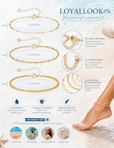 Image of LOYALLOOK Ankle Bracelets for Women Waterproof, 14K Gold Plated Cuban Figaro Link Chain Beaded Anklets Set, Dainty Layered Anklets for Women Non Tarnish Summer Beach Foot Jewelry Adjustable Size