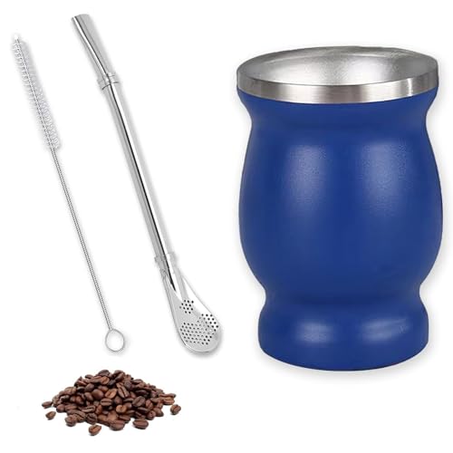 Juego de Taza de Calabaza de Acero Inoxidable,Taza Mate de Acero Inoxidable con Doble Pared Aislante, 260ml Juego de Té Mate, con Cuchara para Pajita y Cepillo de Limpieza(Azul)