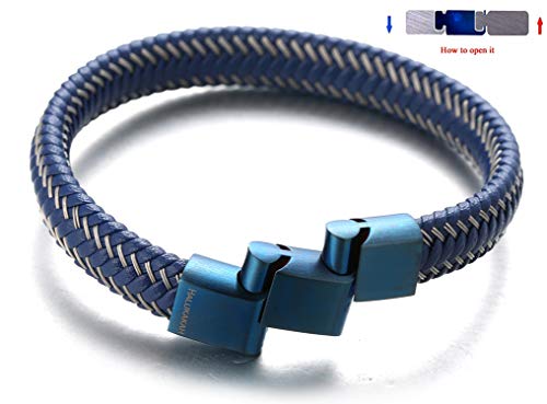 Halukakah ● Jazz ● Men's Genuine Blue Leather Bracelet Titanium Magnetic Clasp Size Adjustable 8.5"-9"(21.5-23Cm) With Free Giftbox(Jazz Blue) #TOP5
