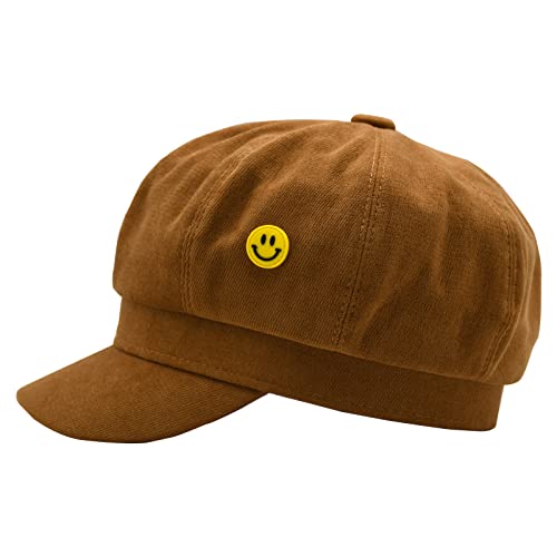 Korixine Beret Hats For Women Newsboy Caps French Hat Beanie Influencer Paperboy Hats Fall Fashion Smile Design Solid Color Caramel #TOP2