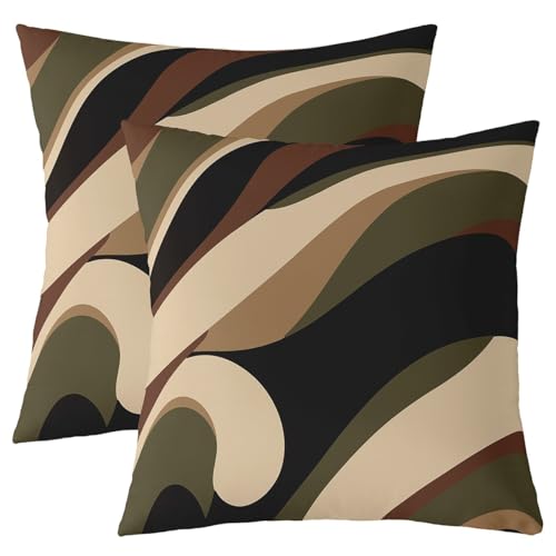 Geometric Print Throw Pillow Covers Dark Brown Khaki Green Stripes