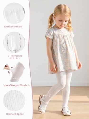 Miipat 2er Pack Strumpfhose für Mädchen, Kinder Gemusterte Netzstrumpfhosen für Schule Freizeit Party Ballett Tanz Kinderstrumpfhose(Weißweiß Punkt,6-12Monate)