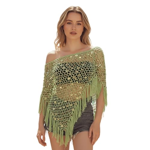 Image of Edhomenn Womens Crochet Cover Ups Hollow Out Long Sleeve Crop Top Summer Beach Pullovers (06 Green, ONE Size)