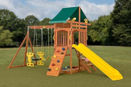 Sky View Cedar Backyard Playset | W: 17'10" D: 9'4" H: 9'9" | Glider & 2 Belt Swings | Binoculars, Steering Wheel & Telescope | Kids Age 3-12 | ASTM Standards | 10-Yr Wood Warranty (Yellow Slide)