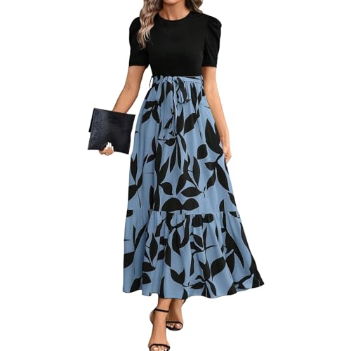 Summer Dresses for Women Floral Printrd A-Line Dress with Belt Flowy High Waist Maxi Dress Casual Elegant Long Dress