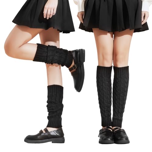 SIWOKJJO 2 Paar Stulpen, Gestrickt Beinwärmer, Damen Schwarz Ballett Beinstulpen, Leg Warmers Knöchelwärmer für Frauen, Ballett, Yoga, Partys
