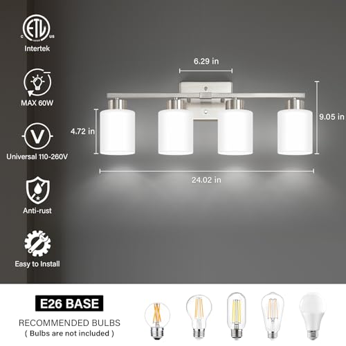 Image of FonmYim Brushed Nickel Bathroom Light Fixtures, 4-Light Modern Vanity Light Over Mirror, Wall Sconces with Milky White Frosted Glass Shades, E26 Socket (Bulbs Not Included)