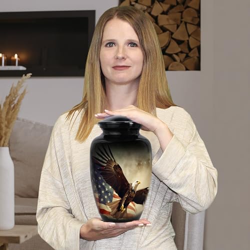 Image of Trupoint Memorials Cremation Urns for Human Ashes, Military and Patriotic Decorative Burial Urn for Verteran Adult Men and Women, Large Black