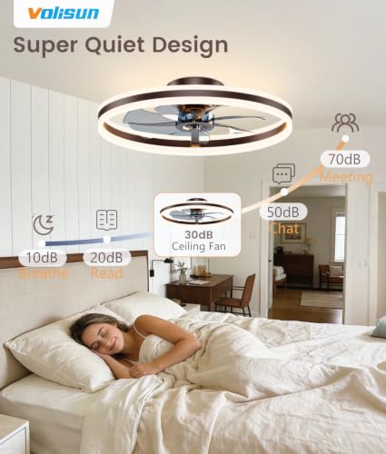 Image of VOLISUN Low Profile Ceiling Fans with Lights and Remote, 24in Flush Mount Ceiling Fans with Light, 3000K-6500K Dimmable Fandelier LED Fan Light, Brown Bladeless Ceiling Fans with Lights for Bedroom