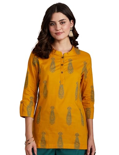 Image of Amazon Brand - Myx Women's Screen Print Straight Printed Regular Cotton Short Kurti (Available in Plus Sizes)