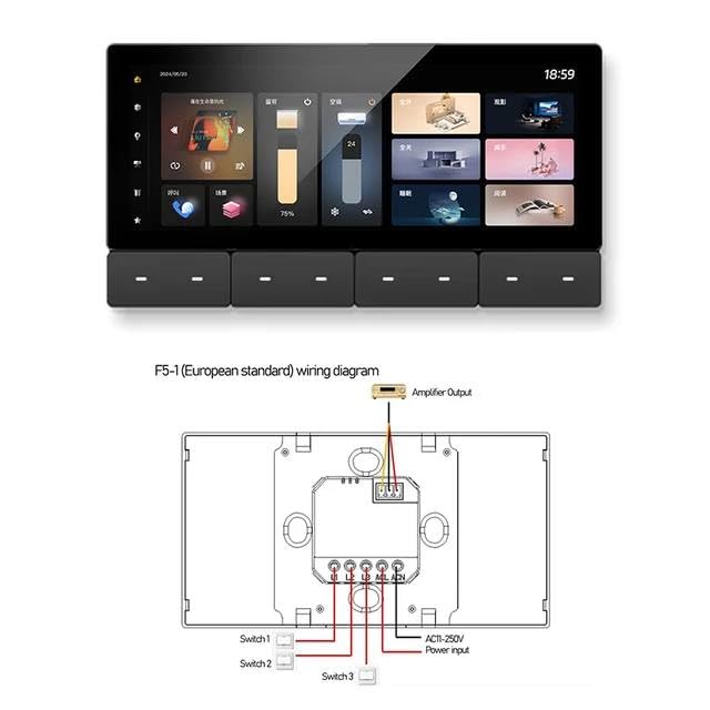 Smart Home Lighting Control Panel, Touch Screen Interface, Multi-Room Scene Control, Dimmable LED Settings, Digital Display 6.2 Inch Smart Control (Bundle: F5-1 EU 3light Black)