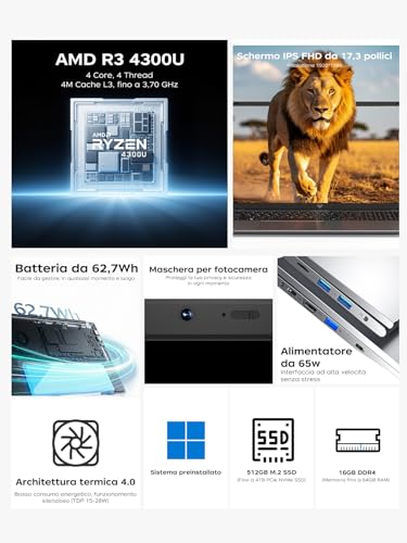 ACEMAIGC PC Portatile 17,3 Pollici 4300U,Fino a 3,7 GHz,16GB DDR4 512GB SSD,Computer Portatile con Tastiera Italiana,Notebook 17 Pollici,Batteria 5500 MAh,BT5.0,WiFi,180° pieghevole,Argento - Notebook - Immagine 3