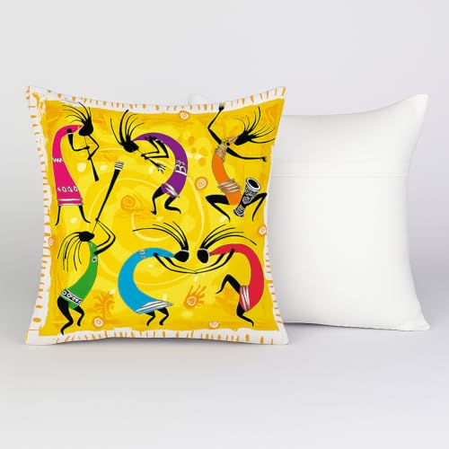 Image of Jute Cushion Cover 20x20 Inch - Set of 7 Decorative Throw Pillow Covers for Sofa, Couch or Bed - Designer Printed Square Cushion Covers - Home Decor (Yellow Tribal Dancers)