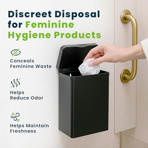 Image of Alpine Sanitary Napkin Receptacle - 2 Pack Wall Mounted Tampon Holder, Feminine Hygiene Trash Can for Bathroom Provides Clean & Odor-Free Restroom in Home, Office & Public Restrooms (Black)