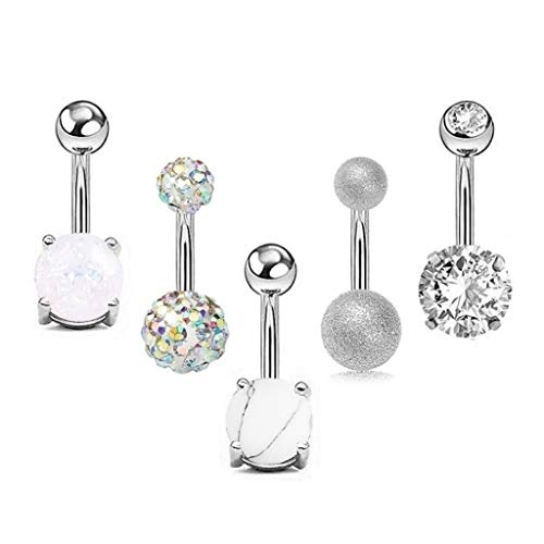 Zasun 5pcs Stainless Steel Belly Button Rings Set for Women Teen Girls 14G CZ Opal Navel Rings Barbells Studs Women Girls Body Piercing Jewelry