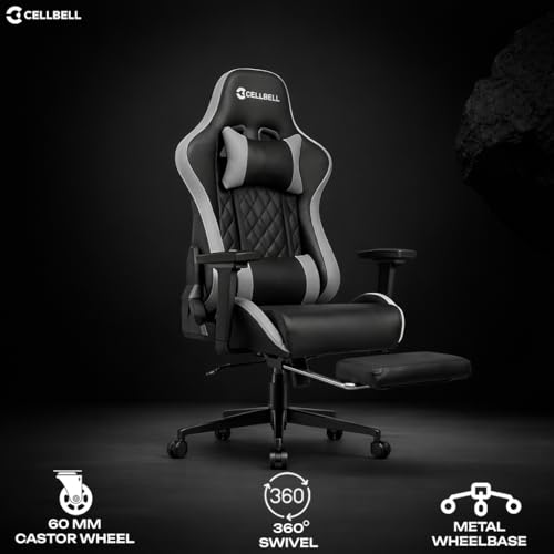 Image of CELLBELL Shadow FT Ergonomic Gaming Chair with Footrest Premium PU Leather 4D Armrests 180 Degree Recline Class 4 Hydraulic Tilt Lock Diamond Design Heavy Duty Base 60mm Wheels (Grey)