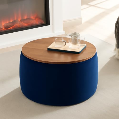 Image of Elegent Round Coffee Table with Wooden Top, Storage Ottoman Tables for Living Room, Centre Tables, Tea Tables, Farmhouse, Wood Drum Coffee Table, Upholstered Ottoman Accent Table (Blue)