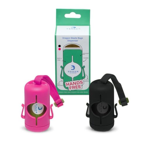 Image of DRAGON Waste Bags Durable Dispenser, Dog poop bags holder with Two Hooks on the side for Used Poop Bags, leash attachment strap and 15 Poop Bags (Pink)