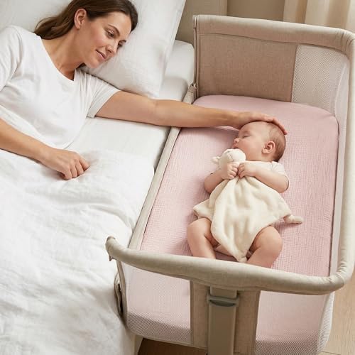 Image of Muslin Bassinet Sheet Compatible with Mika Micky & Baby Delight Bedside Sleeper - 100% Cotton Rectangular Mattress Pad Cover (35 inchx20 inch), Breathable & Soft, Boho (1 Pack Pink)