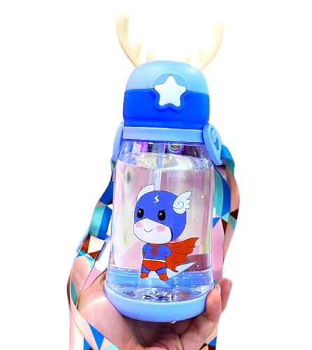 Garrafa Infantil Com Canudo Bico Silicone Desenho Chifre Alce Alça Tampa Antivazamento Escolar (Azul