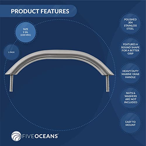 Five Oceans Fo3004 Marine Grab Handle Handrail With Stud, Polished Stainless Steel Construction, 9 Inches #TOP1