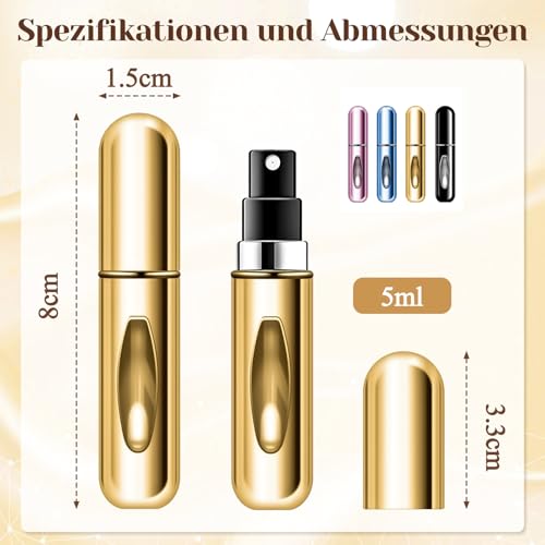 Gicctyble Parfümzerstäuber Set 4 Stück – Nachfüllbare Mini Parfümflaschen 5ml, Aluminium Reisezerstäuber mit Sichtfenster & Feinsprühkopf – Ideal für Damen & Herren unterwegs