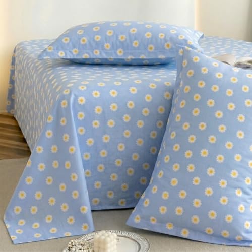Image of Marrow Lane 300 TC Soft Air Cotton Double Bedsheet | Daisy Meadow | Flatsheet with 2 Pillow Covers | Ditsy Daisy Floral Print (228.6 x 254 cm, Blue & White)