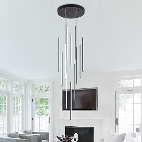 Modern LED Chandelier with Clustered Pendant Lights - Black, 12 Lights, Dimmable, High Ceiling, Large Hanging Chandelier for Loft, Villa, Living Room, Stairs and Foyer