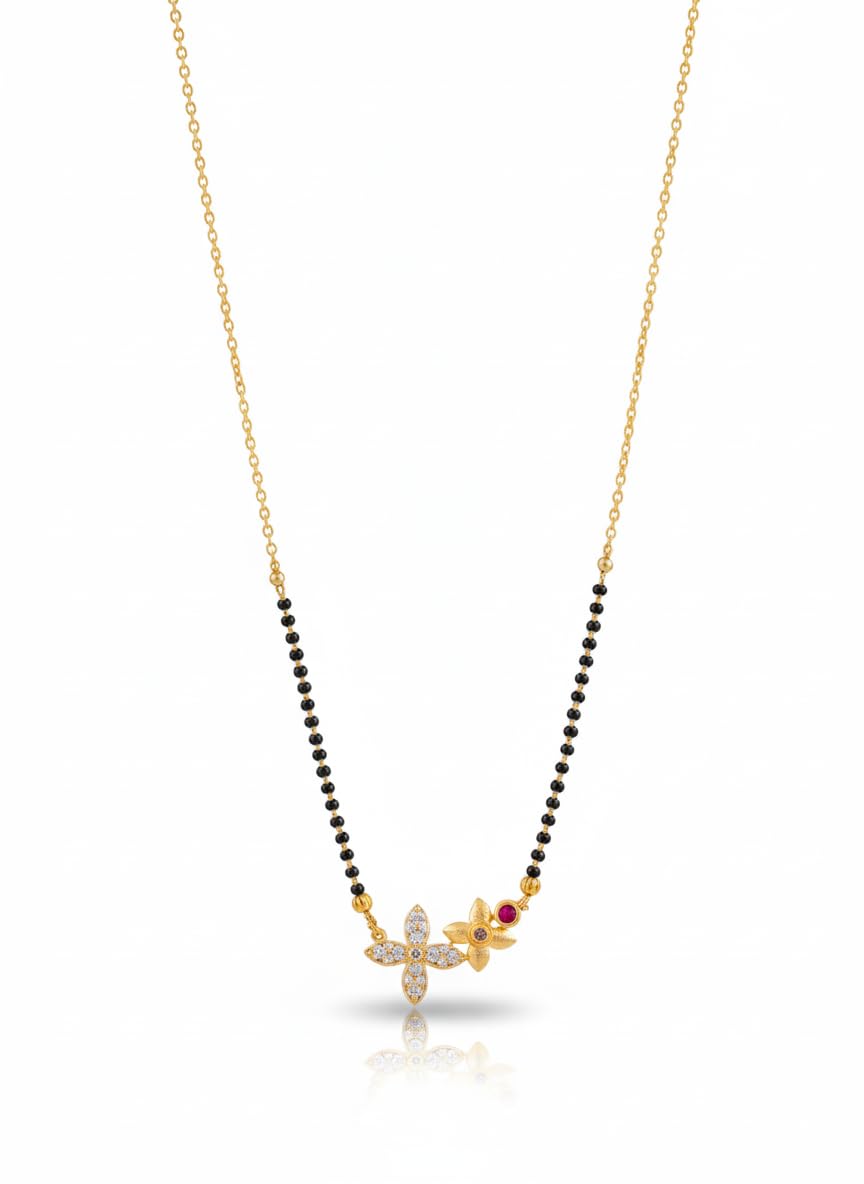 Gold Mangalsutra Necklace with Black Beads, Butterfly Pendant, Diamond and Ruby Accents-image-23