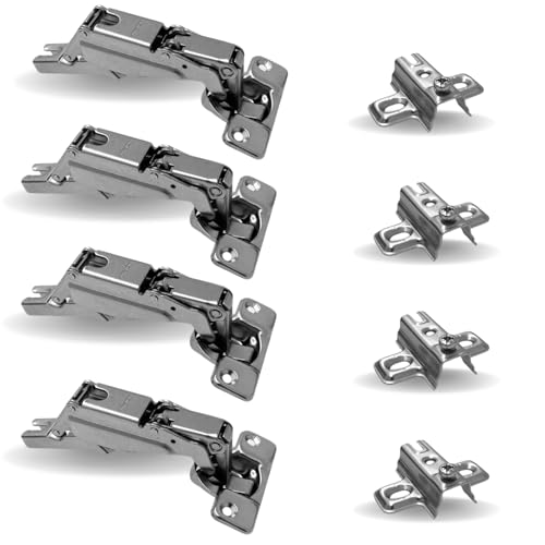 INDAUX - Confezione 4 Cerniere 180° per Ante Mobili Cucina e Arredo, Compatibili con Gamme Universali, Facili da Installare, Apertura Reale 165° (4 Cerniere Collo Dritto e 4 Basette a Croce H0)