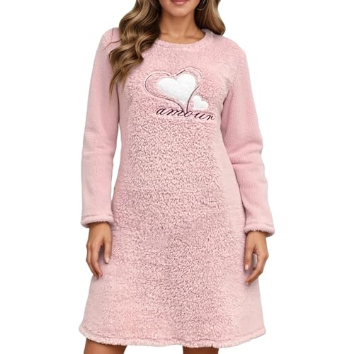 Flanell Dicke Nachthemden Damen Herbst Winter Langarm Fleece Warm Pulloverkleid Weiblich Einfarbiges Hauskleid Streetwear Kleid Sweatkleid Rundhals...