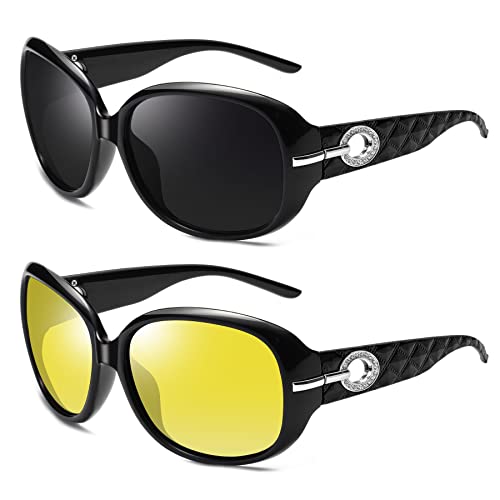 Joopin 2 Pack Oversized Sunglasses, Trendy Black Polarized Sunglasses for Women & Fashion Ladies Night Vision Glasses, Retro Rhinestone Sun Glasses UV400 Protection Driving Fishing Butterfly Shades