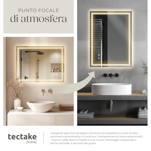 Tectake® Specchio Bagno A Led Clara, Specchio Da Parete Retroilluminato, Specchiera Bagno Con Luce, Antiappannamento, Design Moderno, Led Bagno, Smart Led Mirror - Rettangolare - 50 X 70 Cm - 5