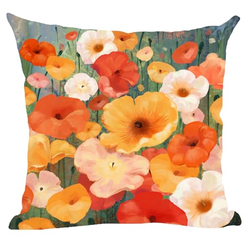 ramirar Hand Painted Ink Oil Painting Watercolor Red Orange White Poppy Flowers Brown Decorative Throw Pillow Cover Case Cushion Home Living Room Bed Sofa Car Soft Cotton Linen Square 18 x 18 Inches